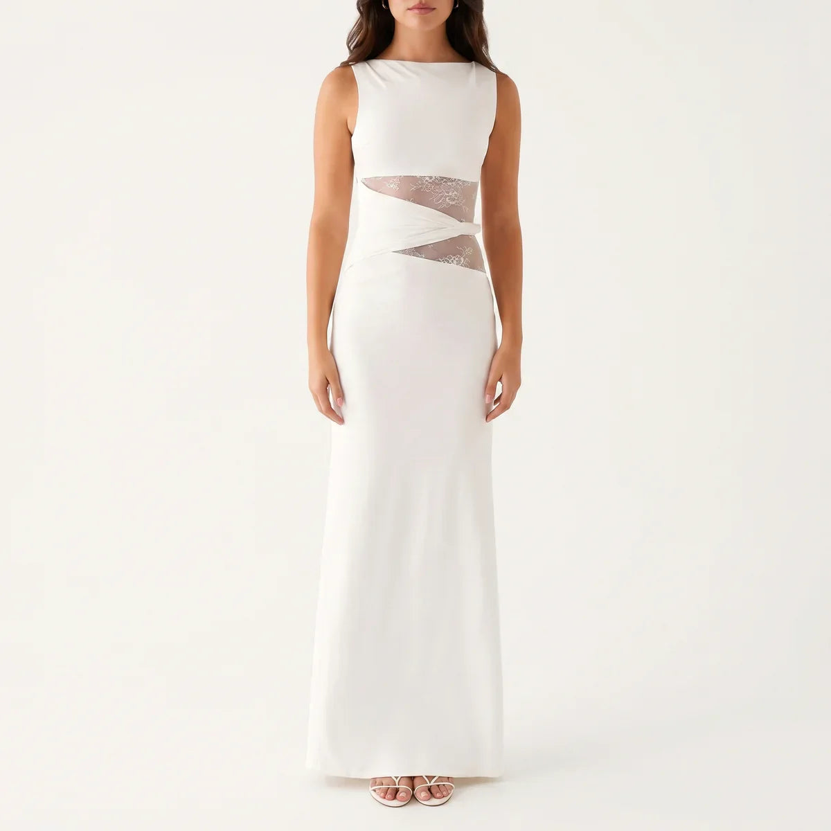Robe longue femme en dentelle florale avec découpes