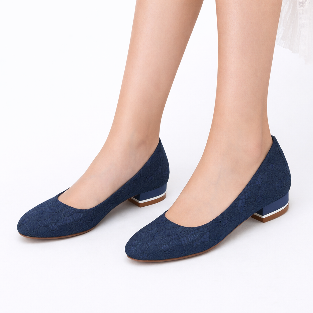 Ballerines de mariée blanches femme en dentelle, bout rond, petit talon