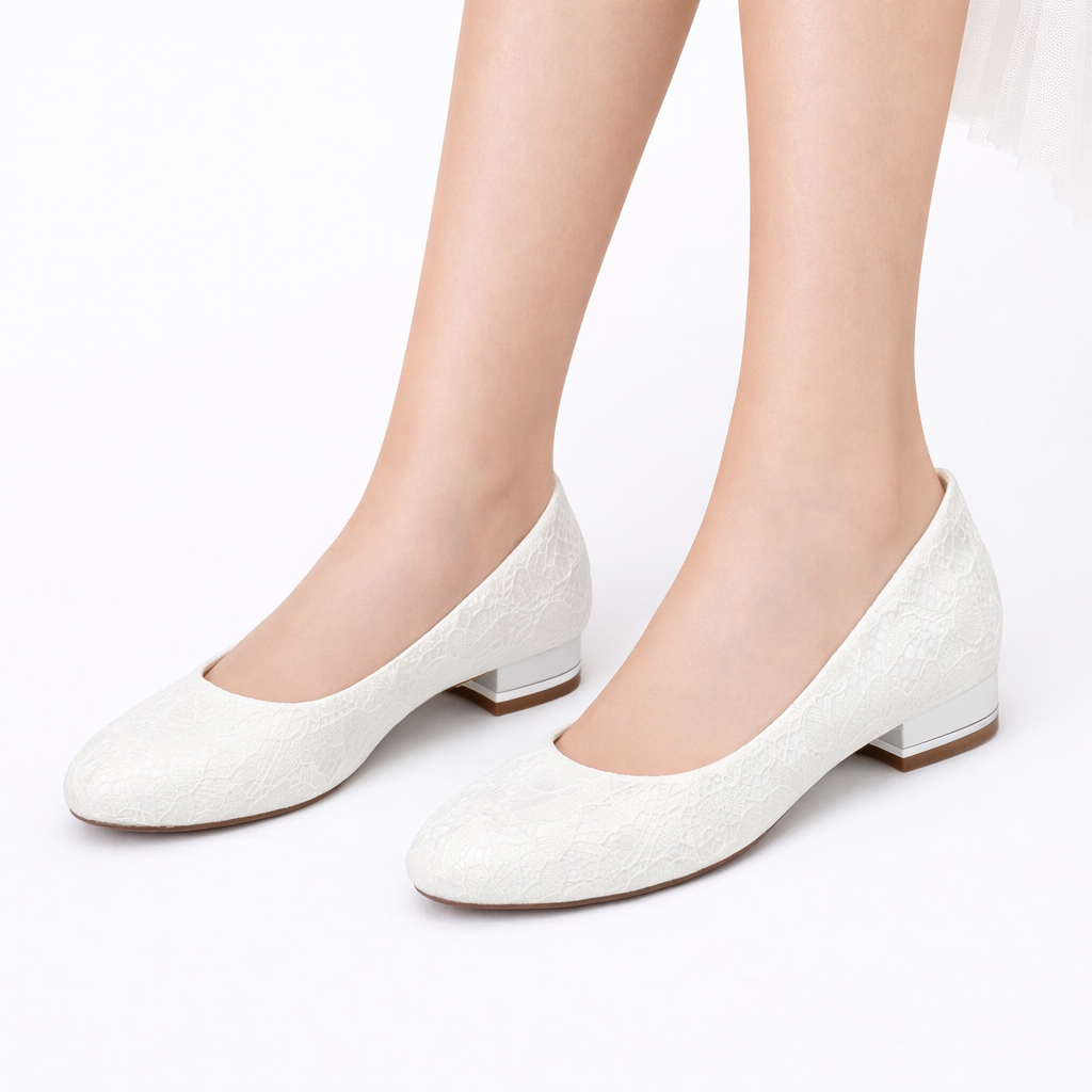Ballerines de mariée blanches femme en dentelle, bout rond, petit talon