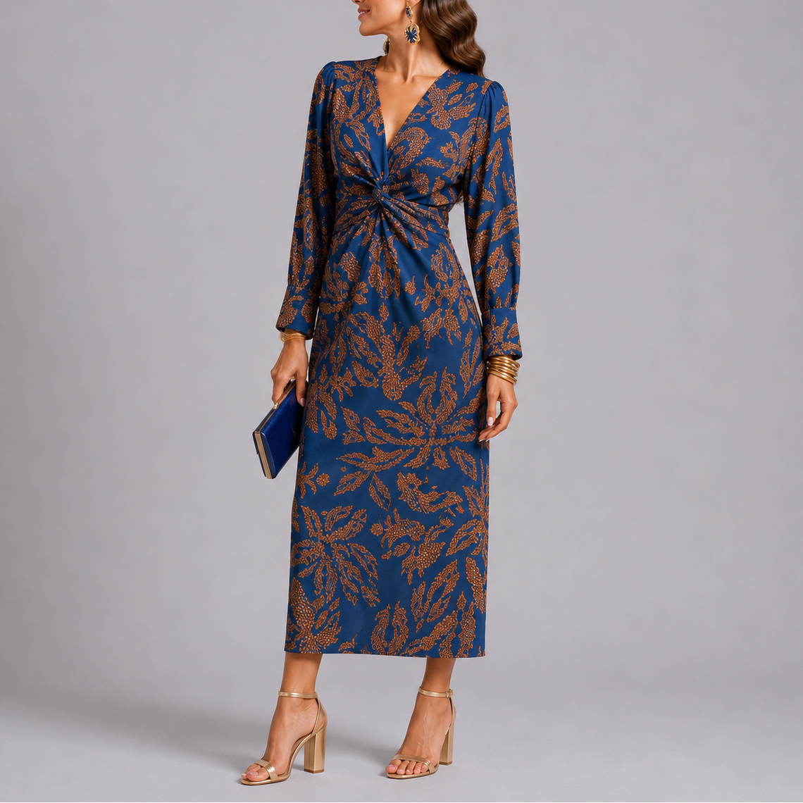 Robe midi bohème femme à fleurs, détail torsadé