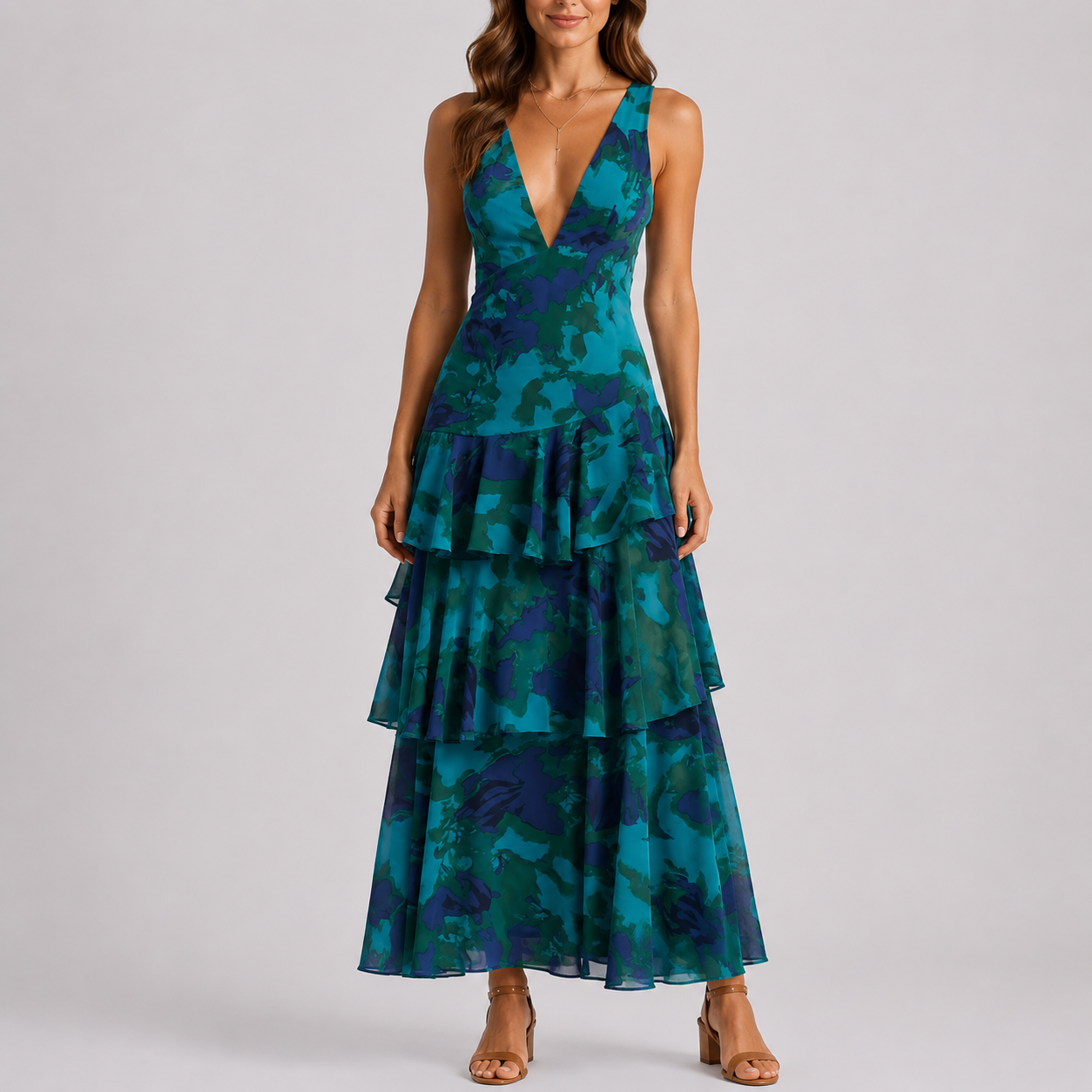 Robe longue femme à fleurs, col V profond, dos ouvert