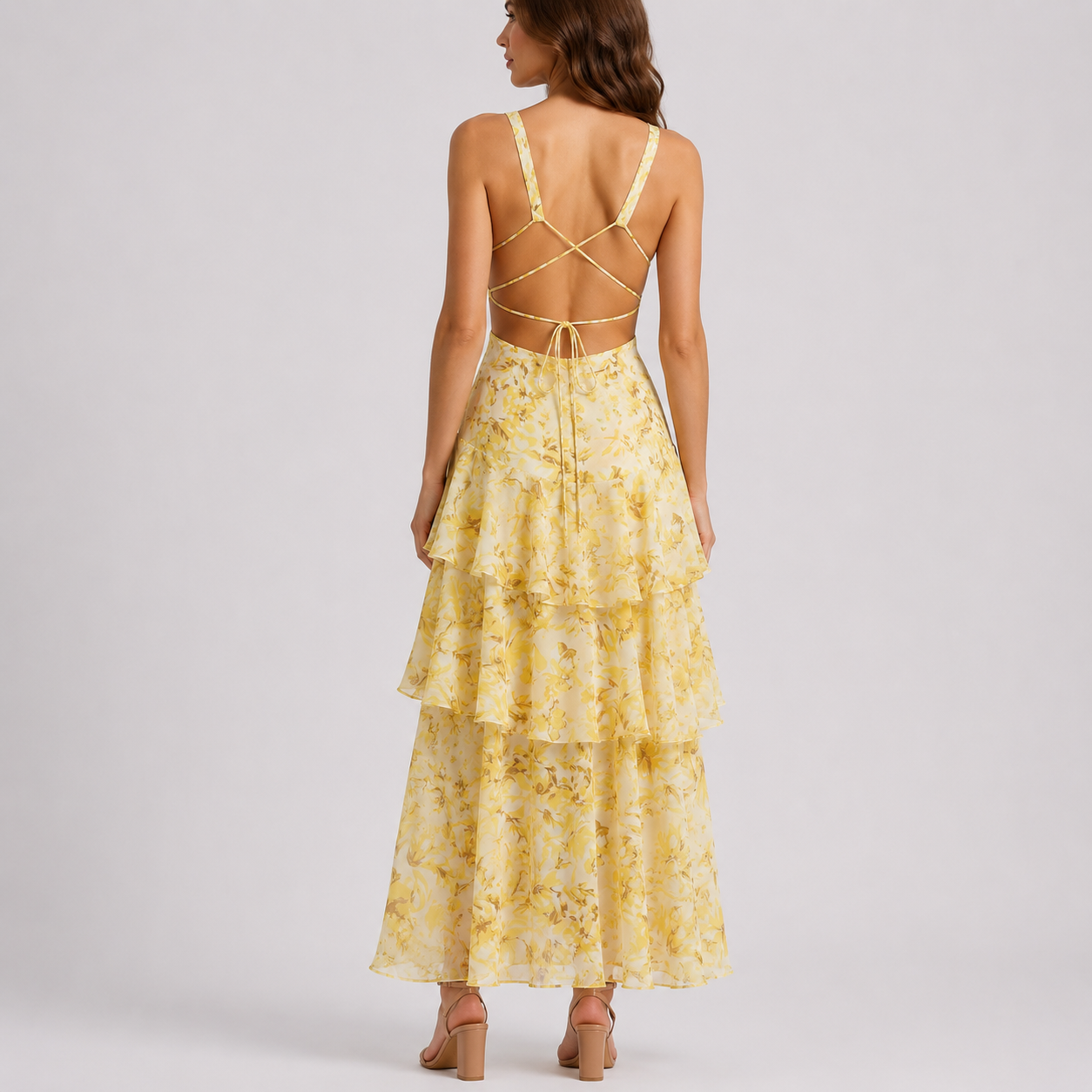 Robe longue femme à fleurs, col V profond, dos ouvert