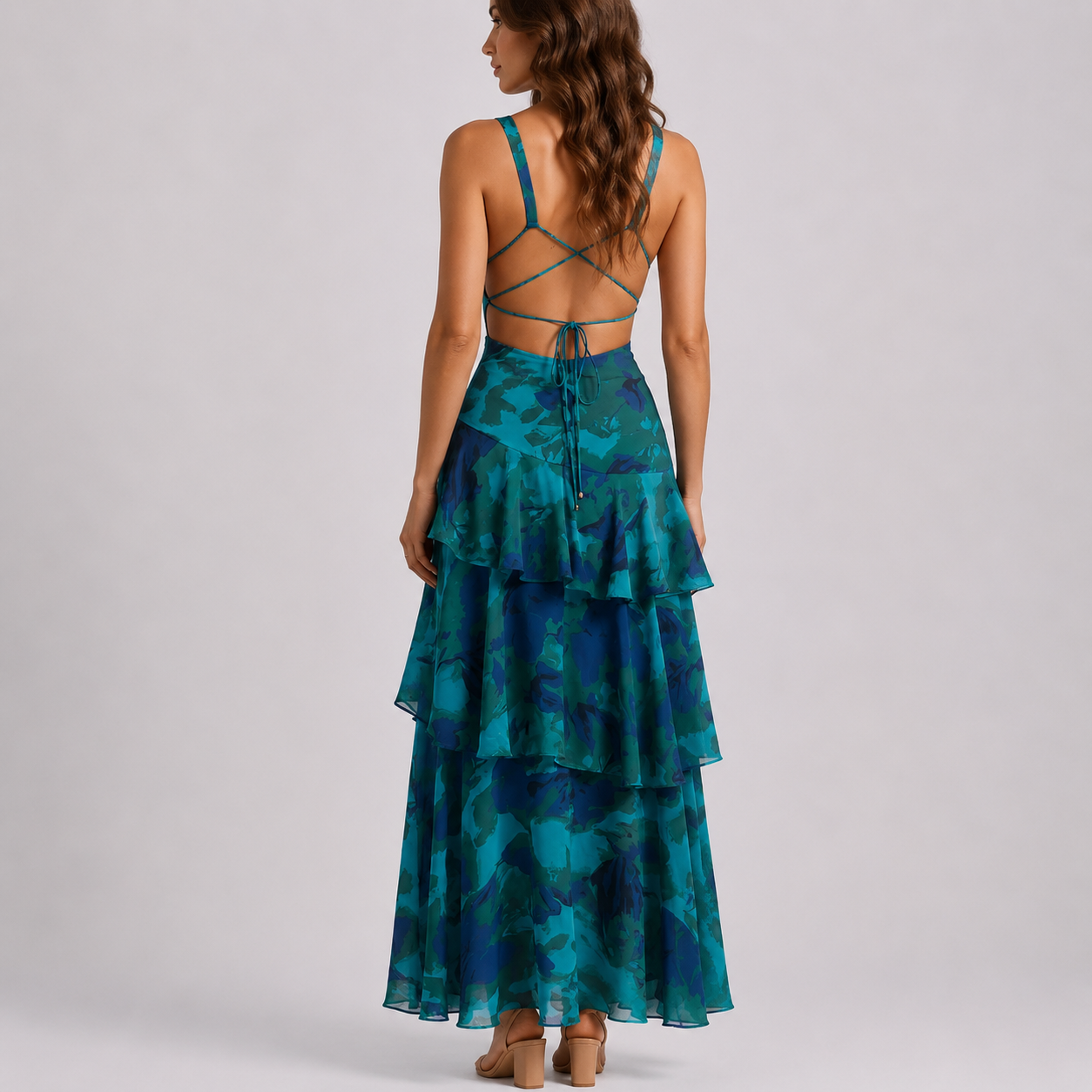Robe longue femme à fleurs, col V profond, dos ouvert