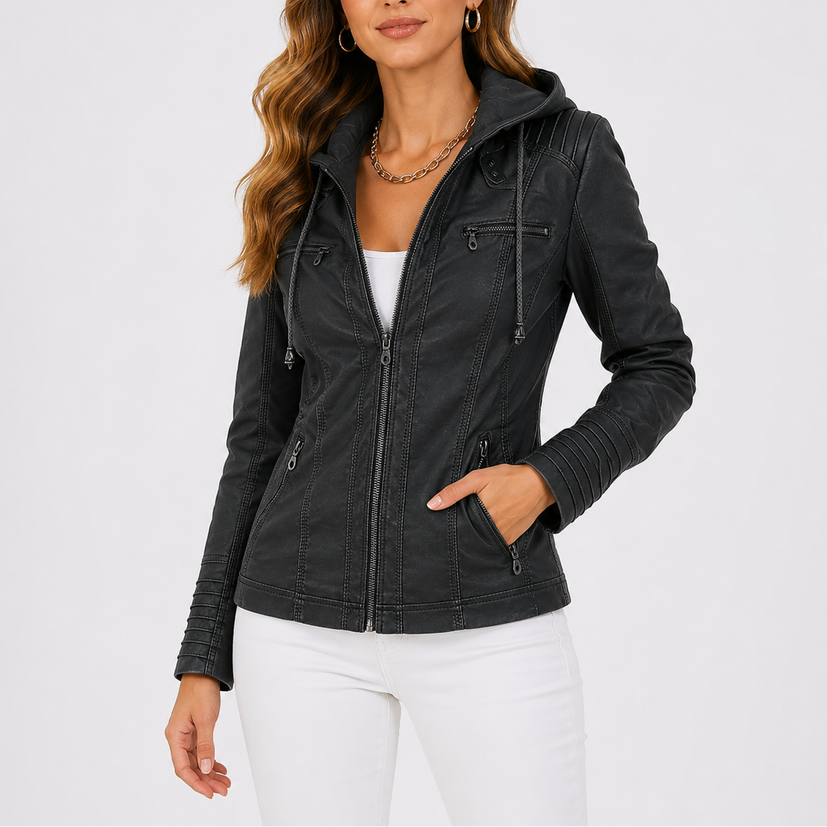 Veste femme en similicuir à capuche avec poches zippées