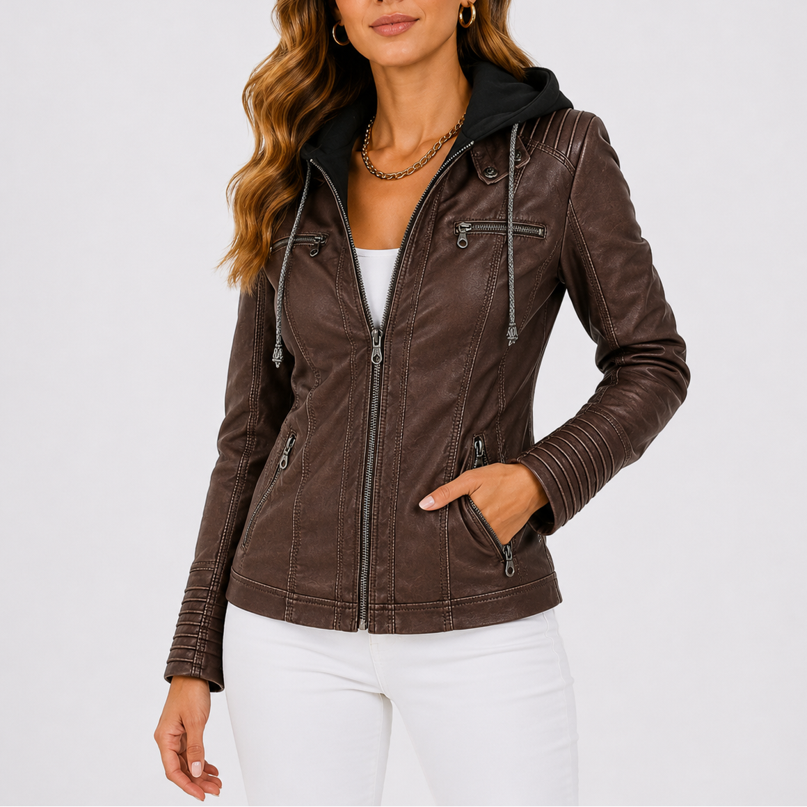 Veste femme en similicuir à capuche avec poches zippées
