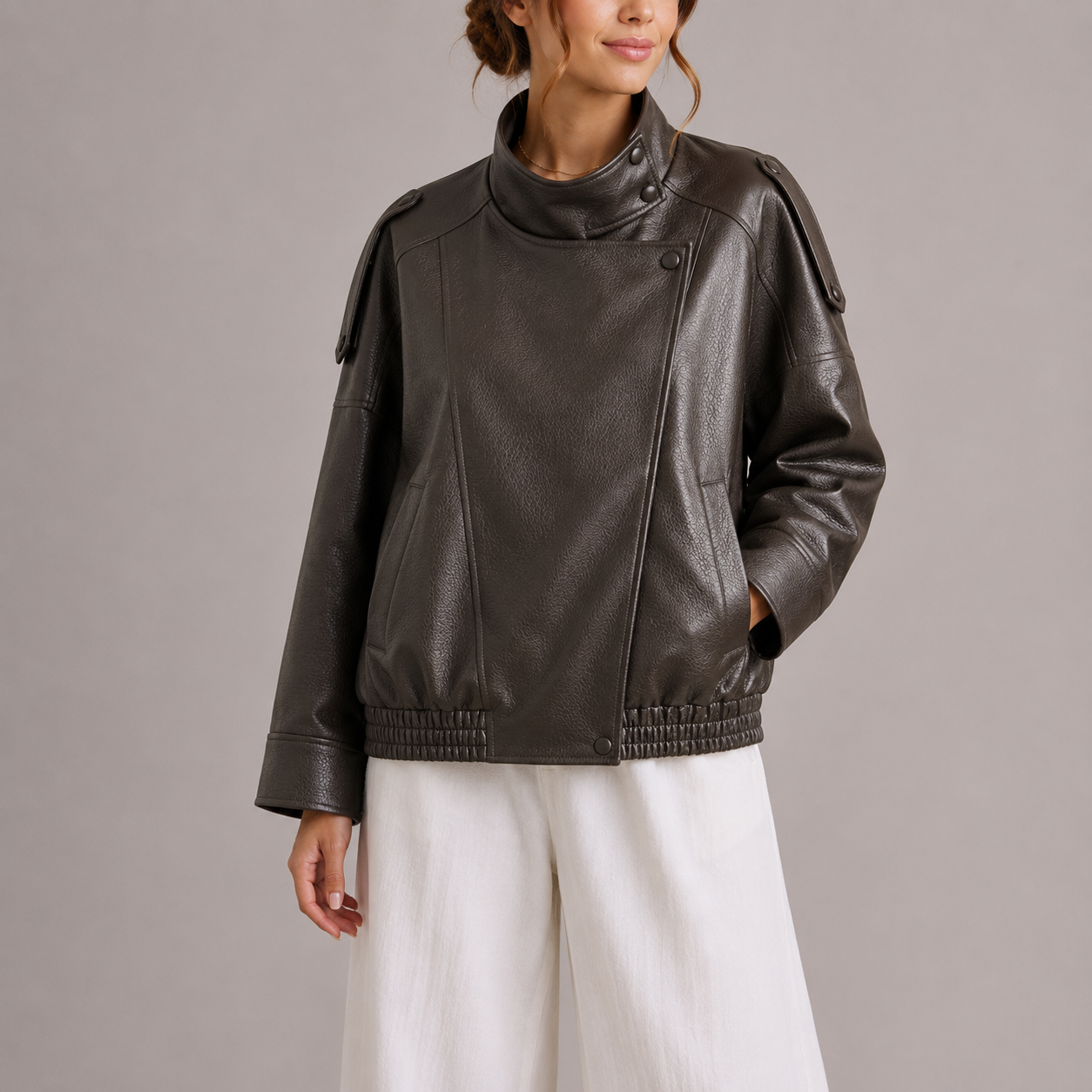 Blouson bomber femme en similicuir, col montant