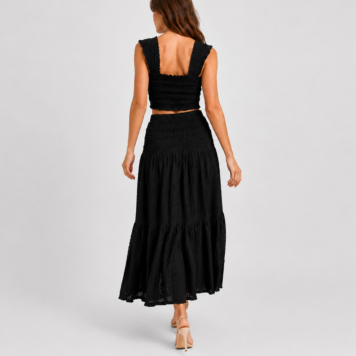 Ensemble coordonné femme froncé, crop top et jupe longue