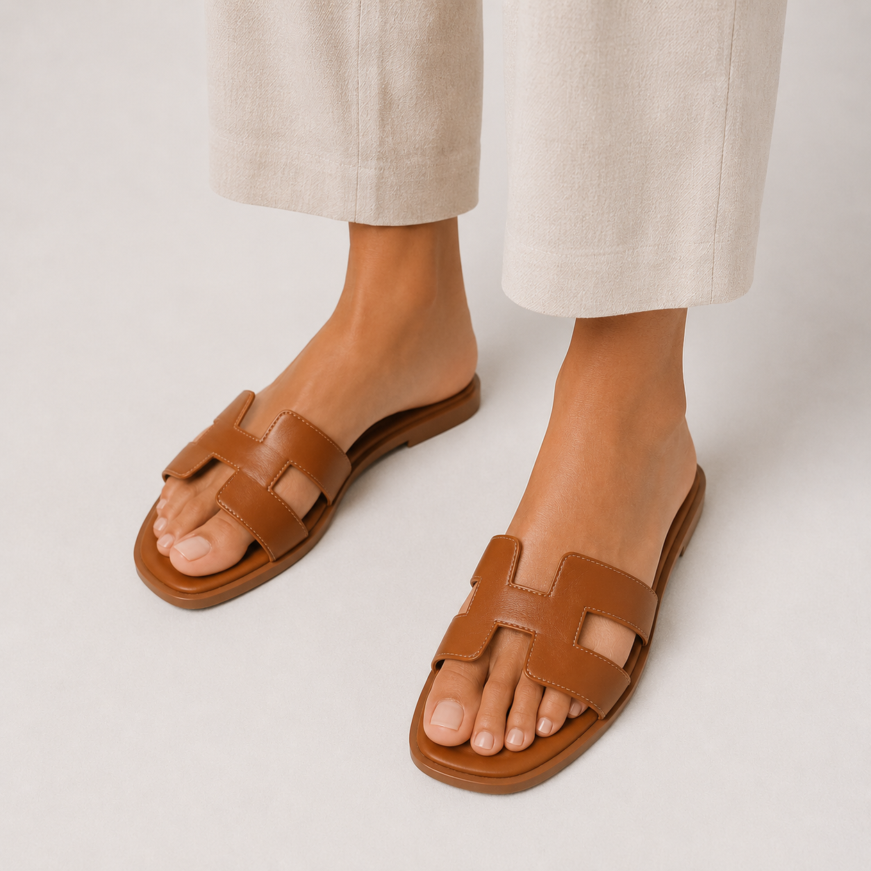 Mules plates femme en cuir à bride en H