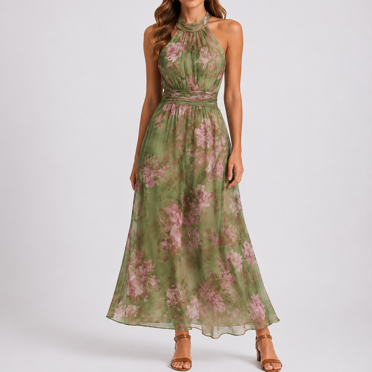 Robe longue femme à fleurs, col licou