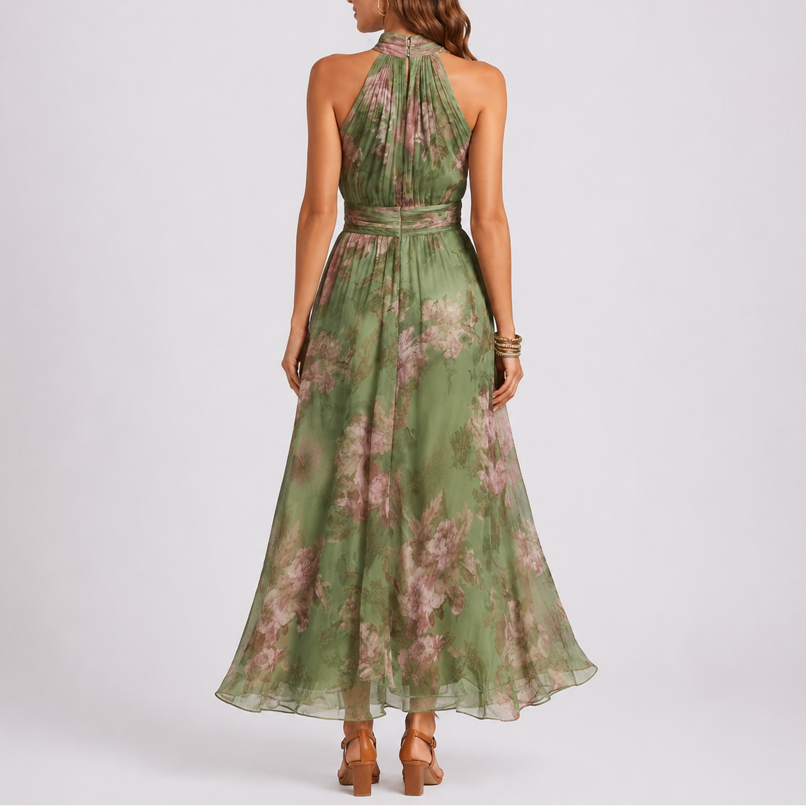 Robe longue femme à fleurs, col licou