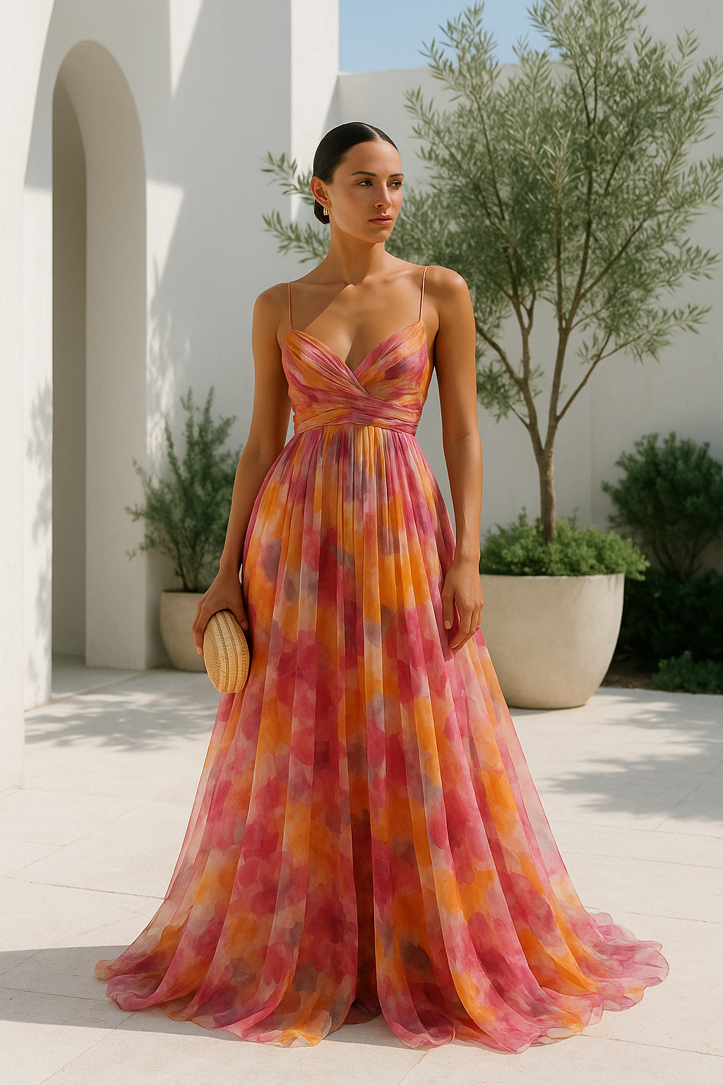 Robe longue femme multicolore à fines bretelles décolleté en V fluide moderne