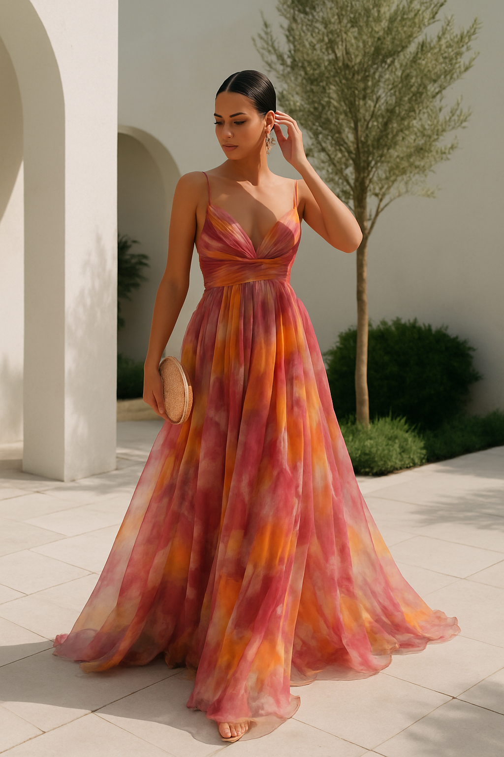 Robe longue femme multicolore à fines bretelles décolleté en V fluide moderne