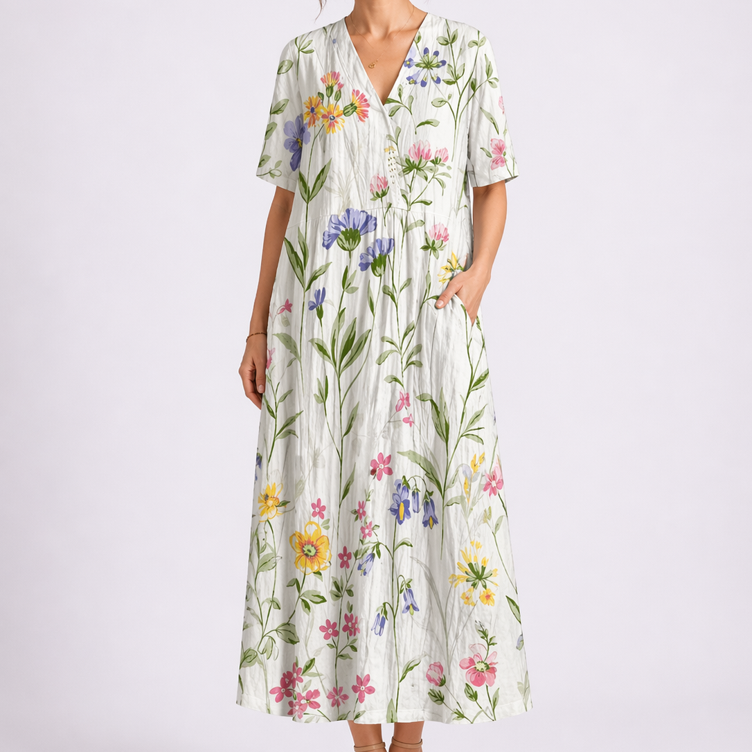 Robe midi femme à fleurs, col V, manches courtes