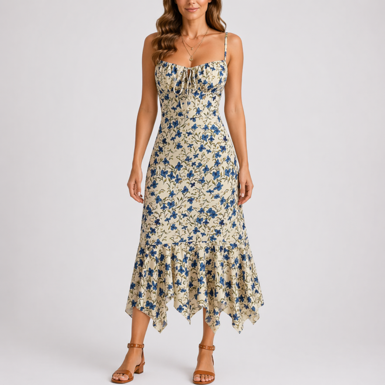 Robe midi d’été femme à fleurs, bretelles fines