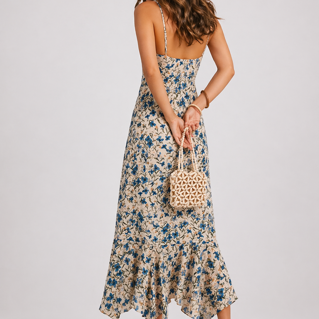 Robe midi d’été femme à fleurs, bretelles fines