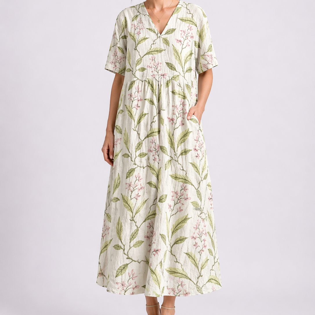 Robe midi femme à fleurs, col V, manches courtes