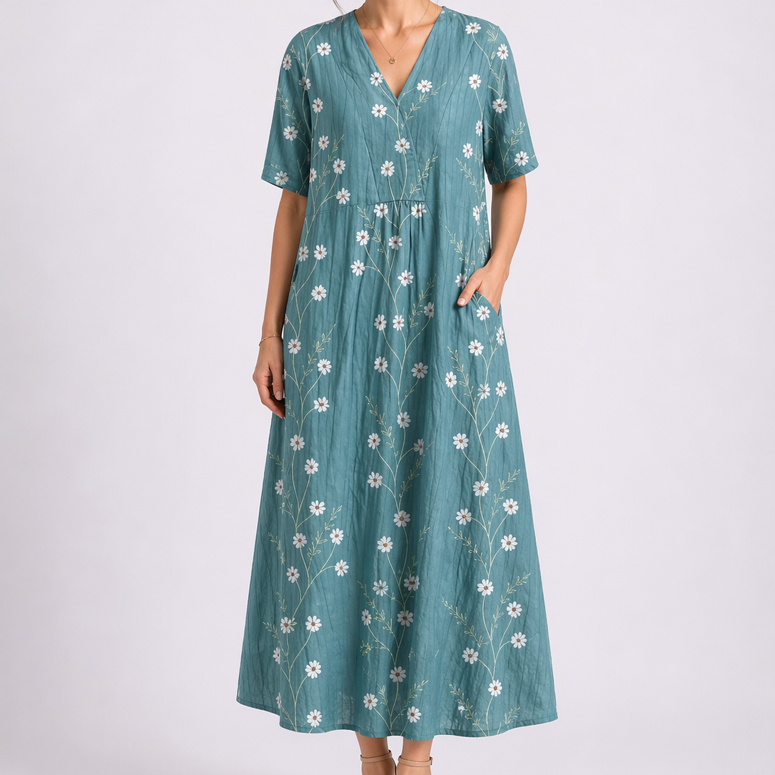 Robe midi femme à fleurs, col V, manches courtes