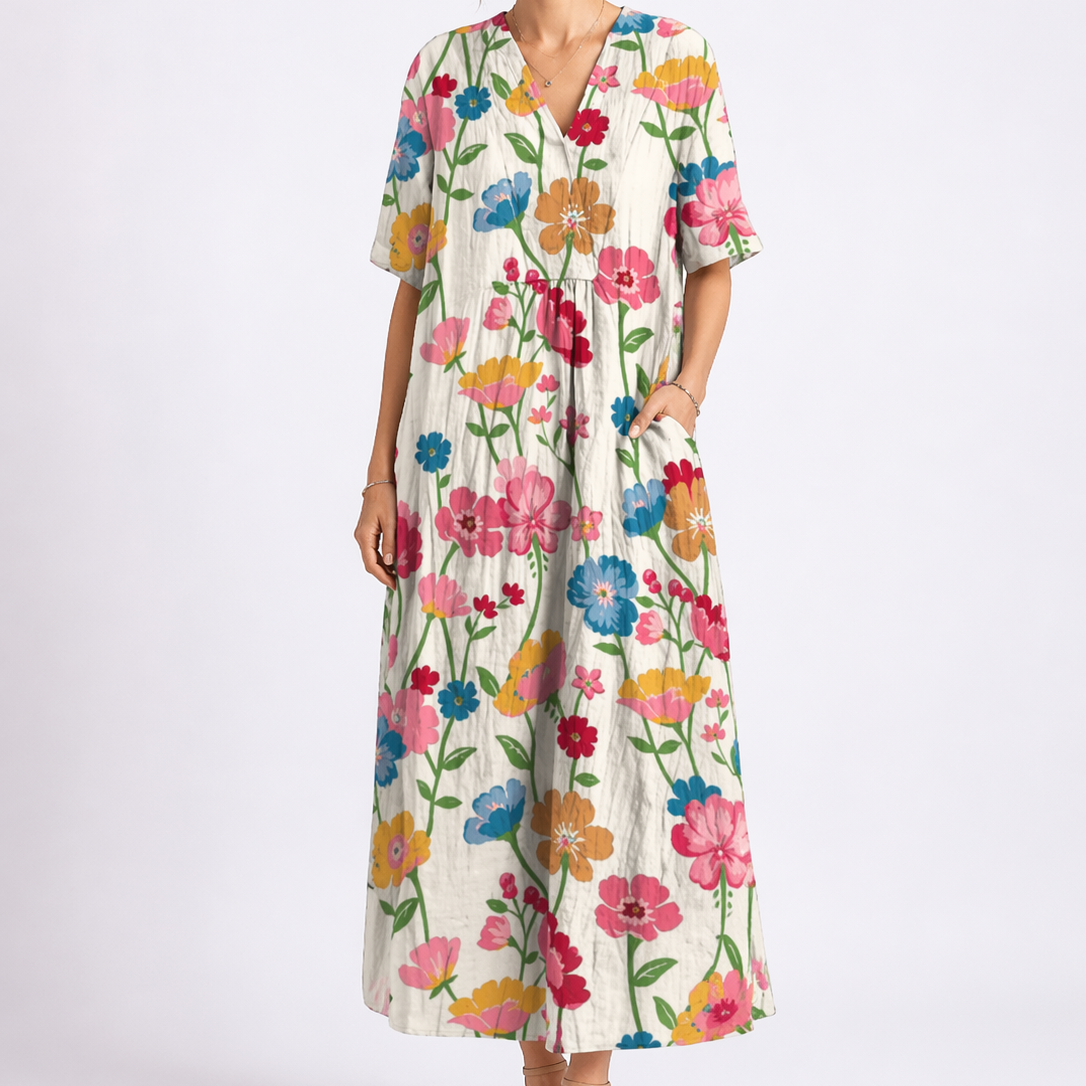 Robe midi femme fleurie col V manches courtes