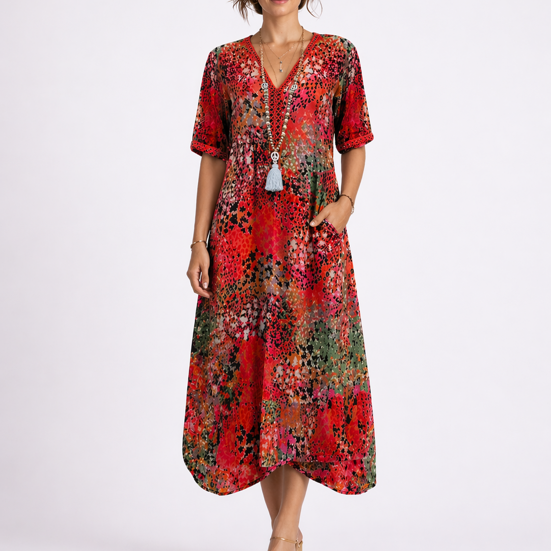 Robe midi d’été femme à fleurs, col V