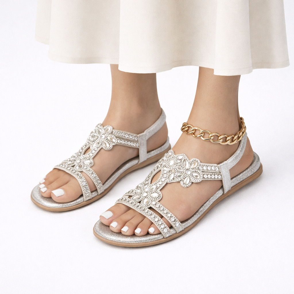 Sandales d’été femme à fleurs avec strass