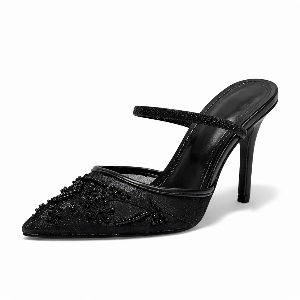 Mules à talons femme en résille brodée, bout pointu