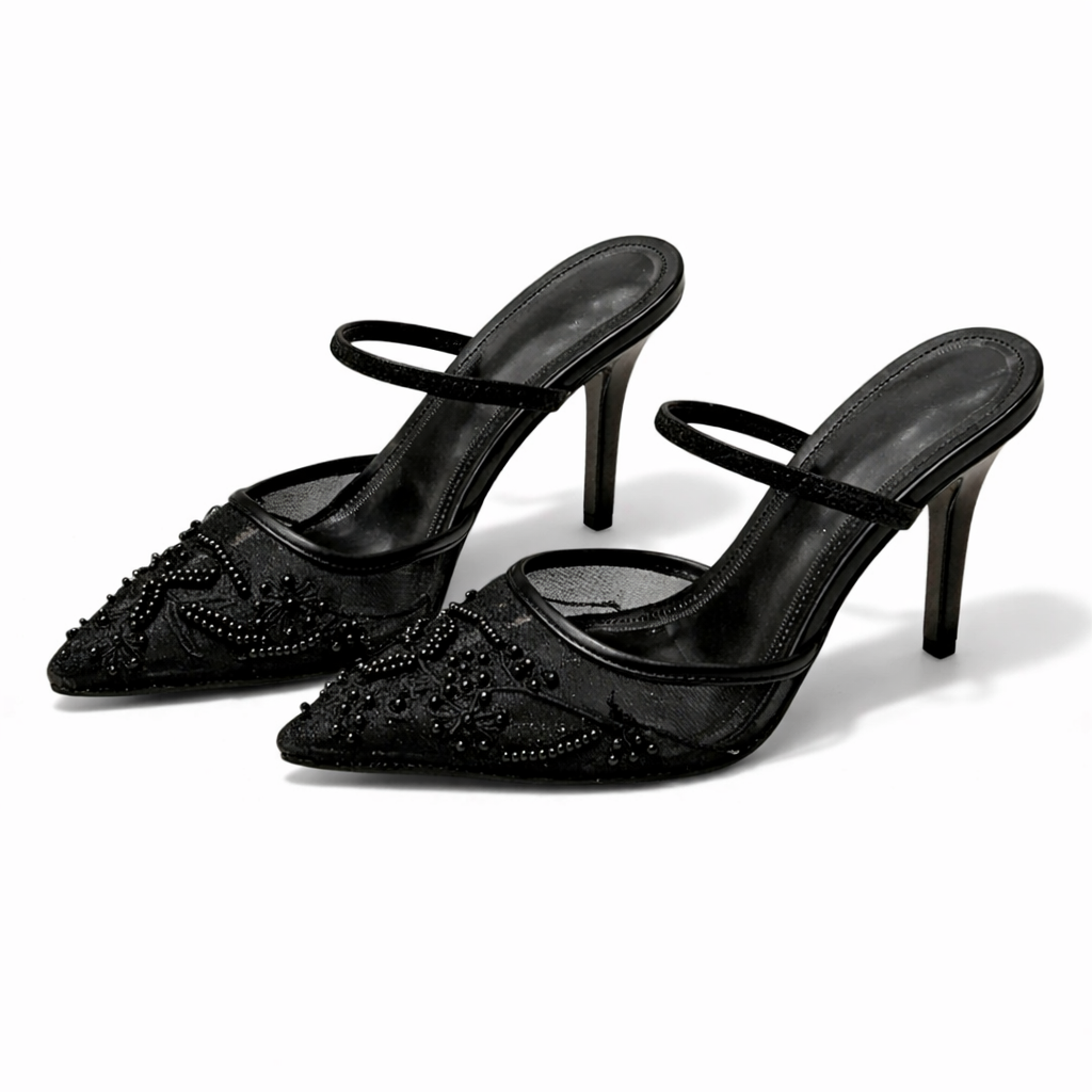 Mules à talons femme en résille brodée, bout pointu