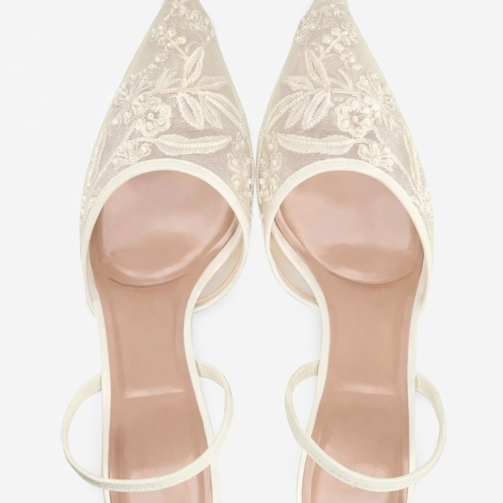 Mules à talons femme en résille brodée, bout pointu