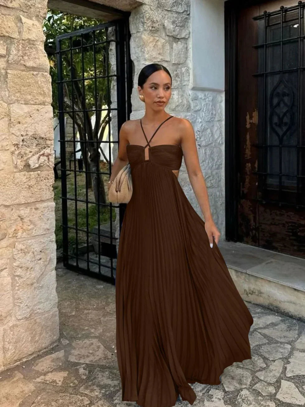 Robe longue femme plissée col licou taille haute découpes latérales moderne