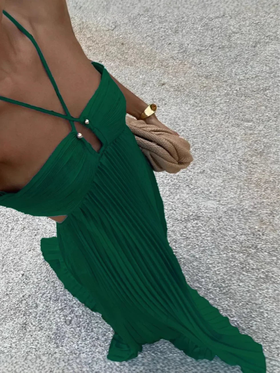 Robe longue femme plissée col licou taille haute découpes latérales moderne