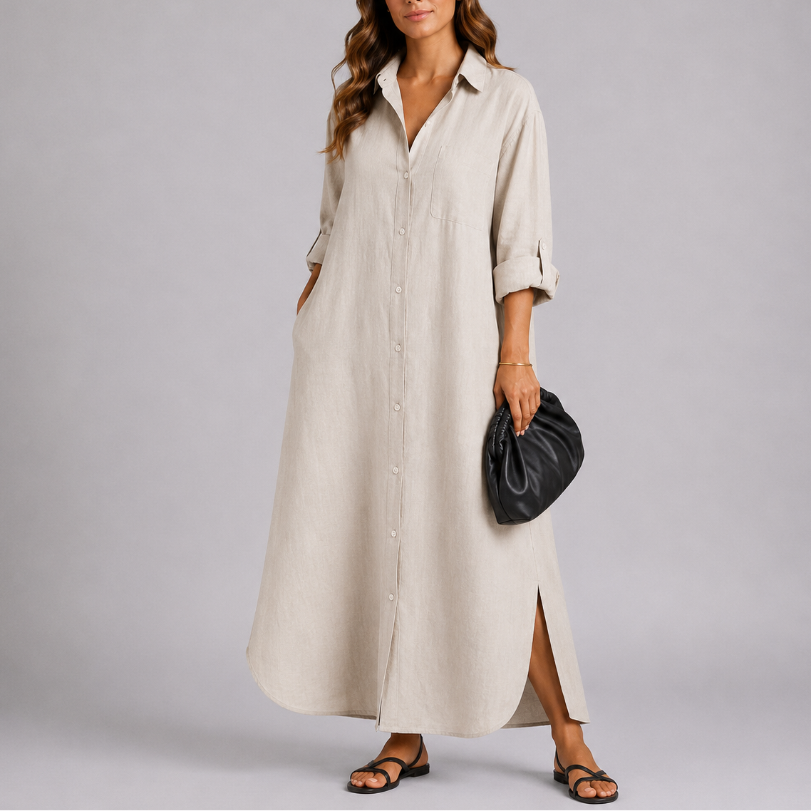 Robe chemise longue femme en lin, coupe ample