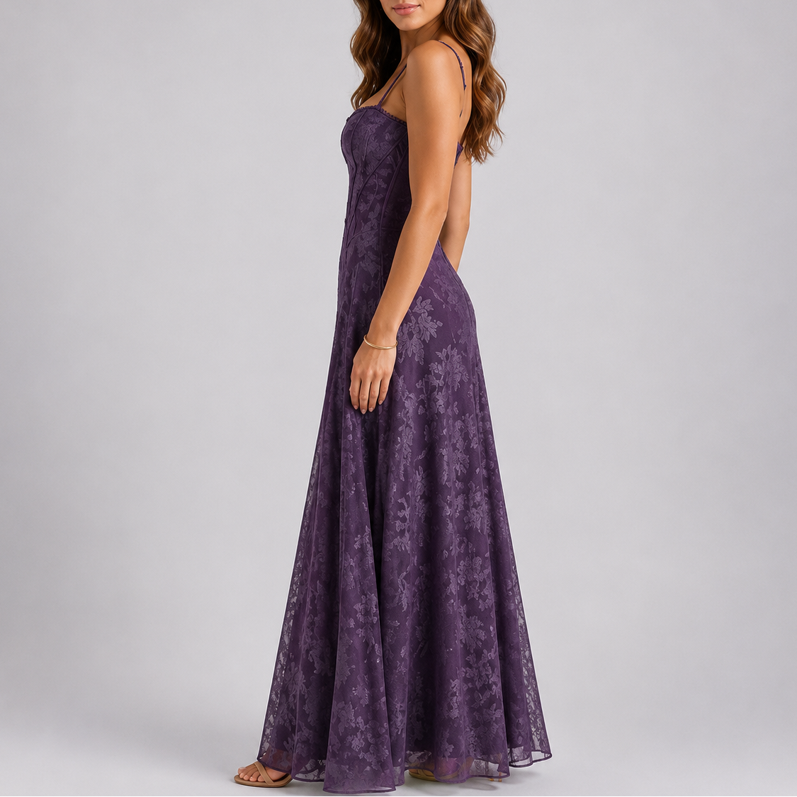 Robe longue corset femme brodée à fleurs