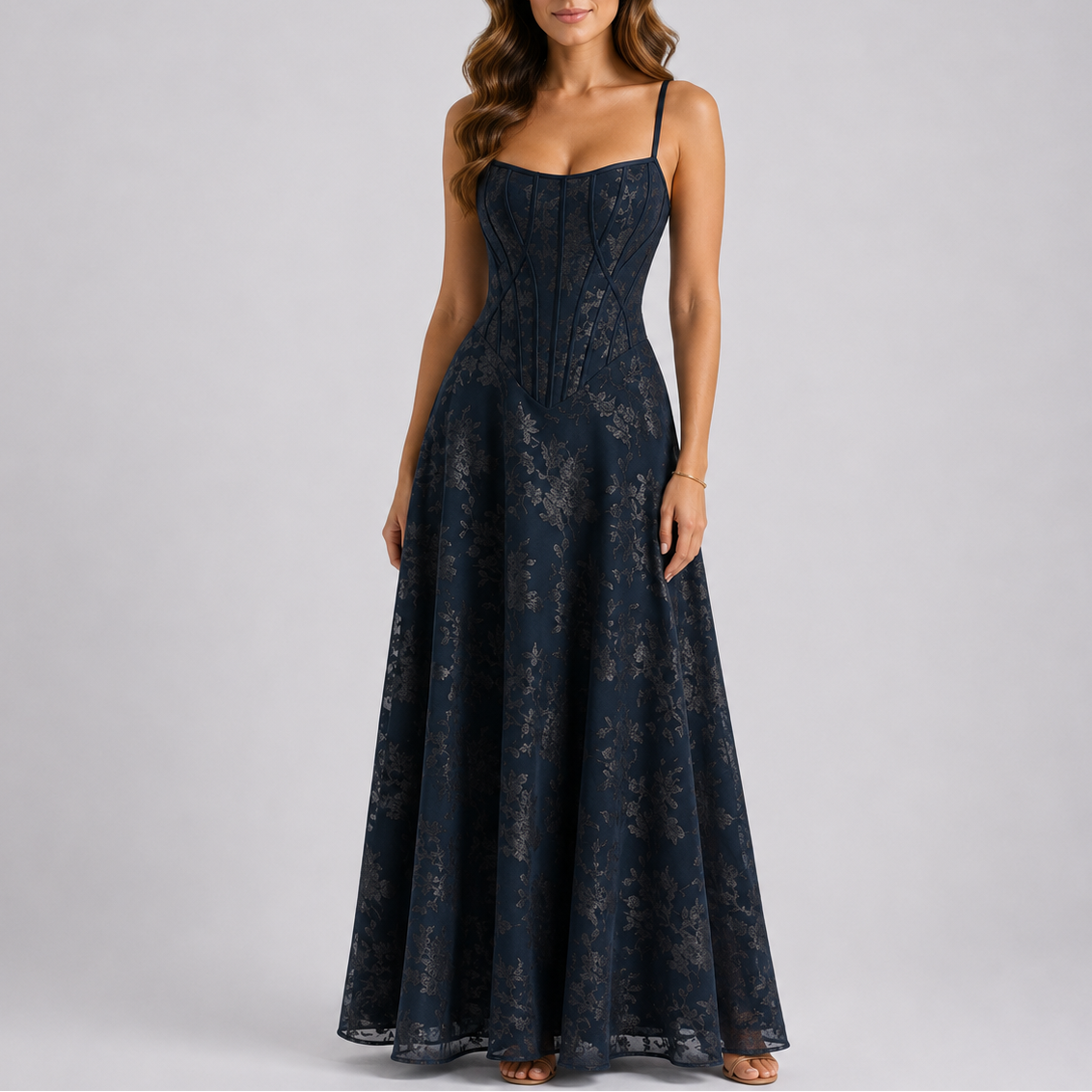 Robe longue femme fleurie coupe corsetée