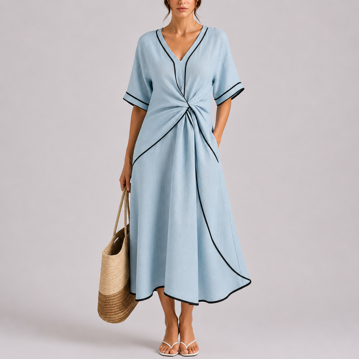 Robe longue d’été femme avec détail torsadé et bordure contrastée