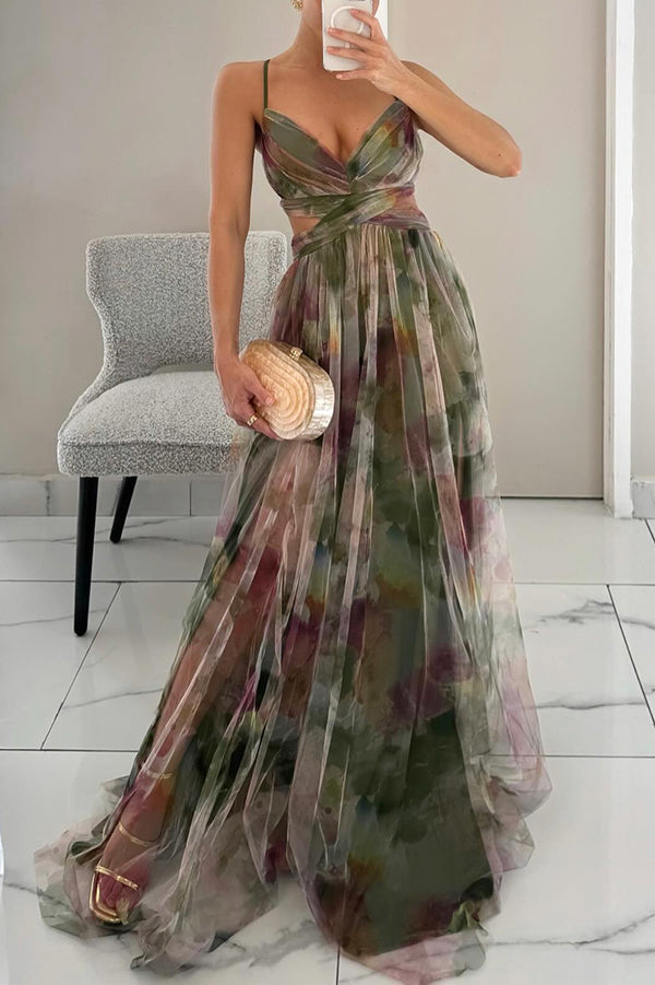 Robe longue femme col V coupe fluide bretelles fines multicolore