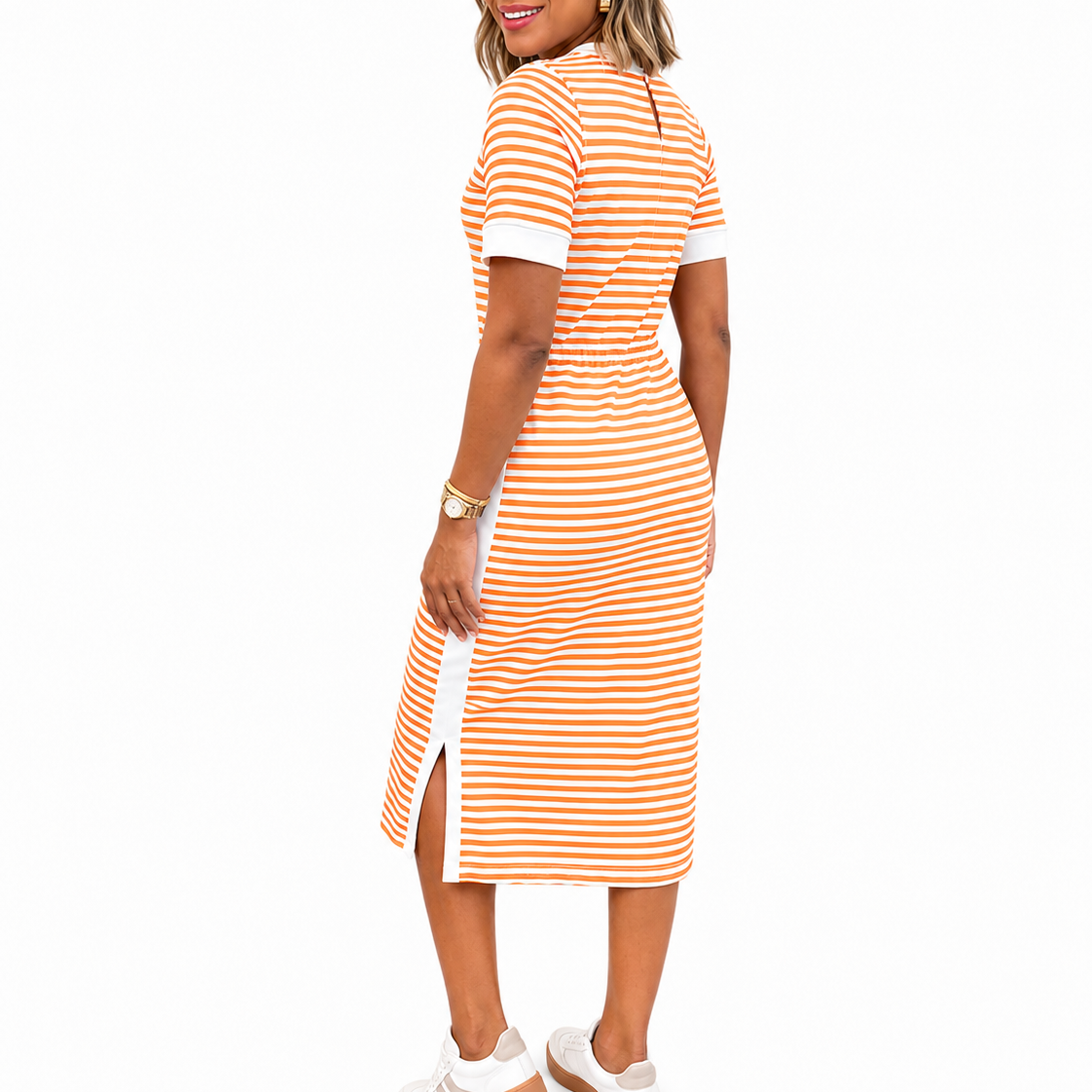 Robe t-shirt midi femme rayée noire et blanche
