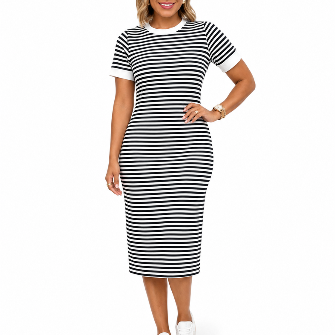 Robe t-shirt midi femme rayée noire et blanche
