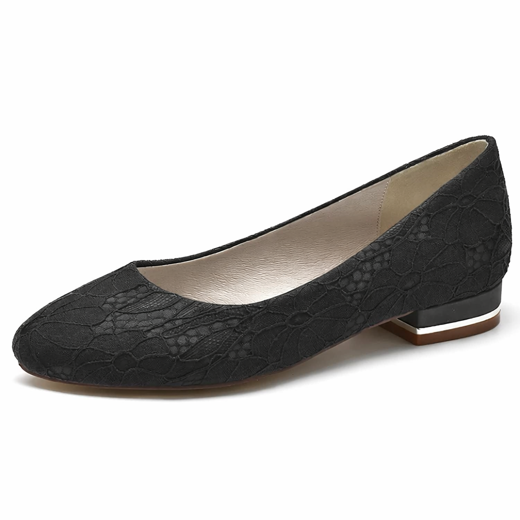 Ballerines de mariée blanches femme en dentelle, bout rond, petit talon