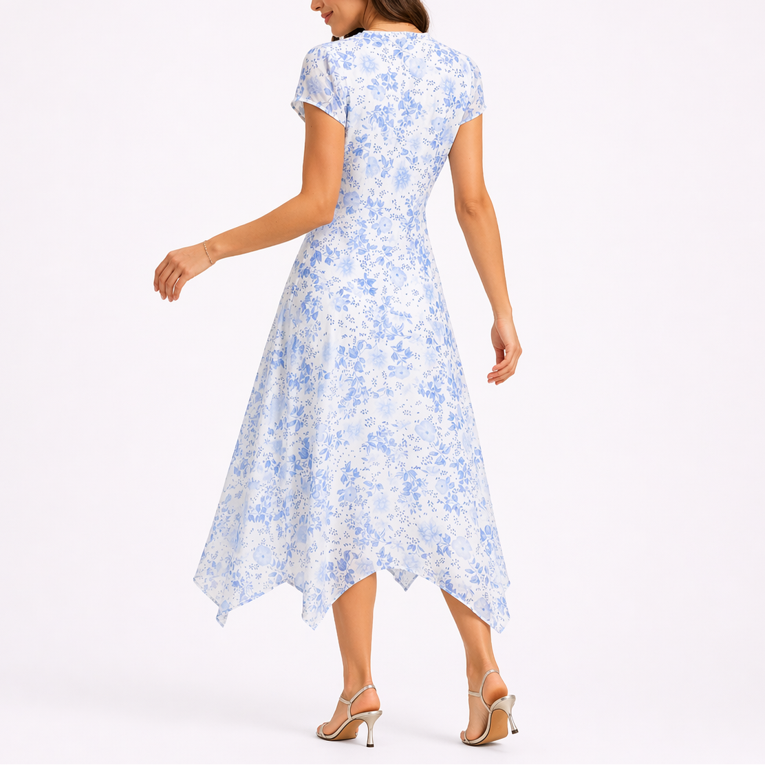 Robe midi bleue femme à fleurs, col V