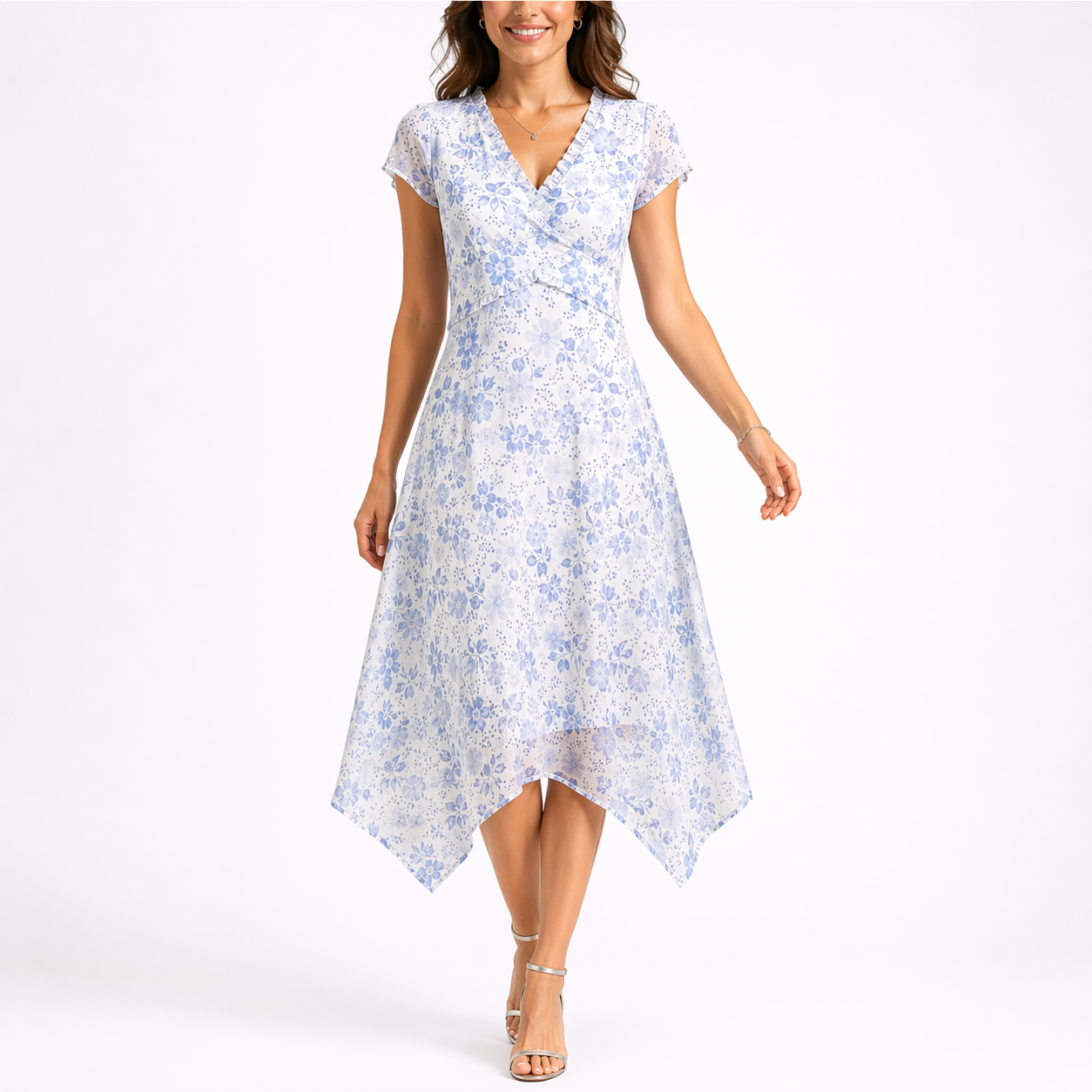 Robe midi bleue femme à fleurs, col V