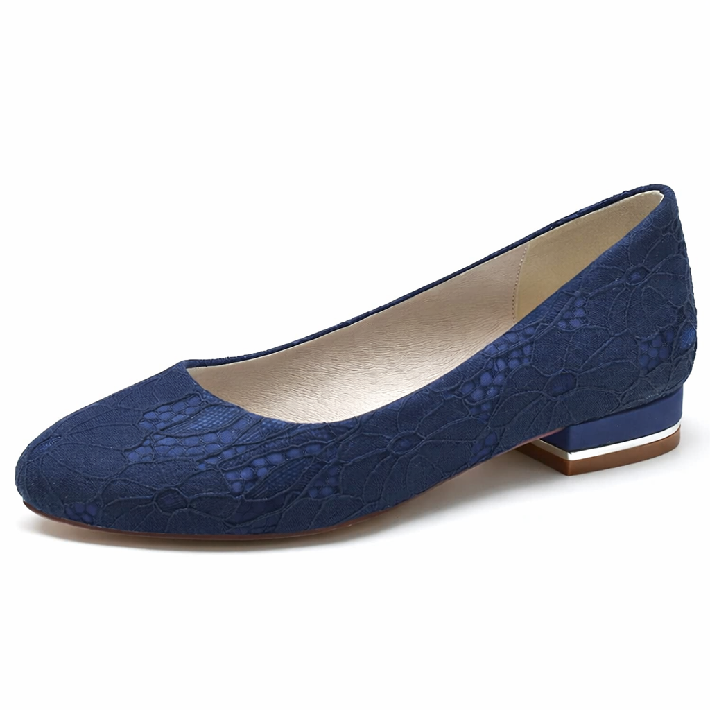 Ballerines de mariée blanches femme en dentelle, bout rond, petit talon