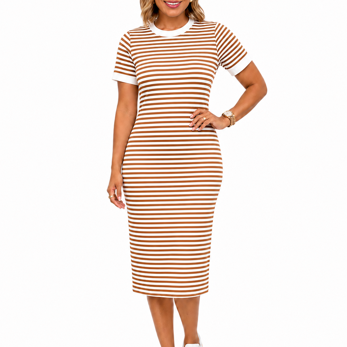 Robe t-shirt midi femme rayée noire et blanche