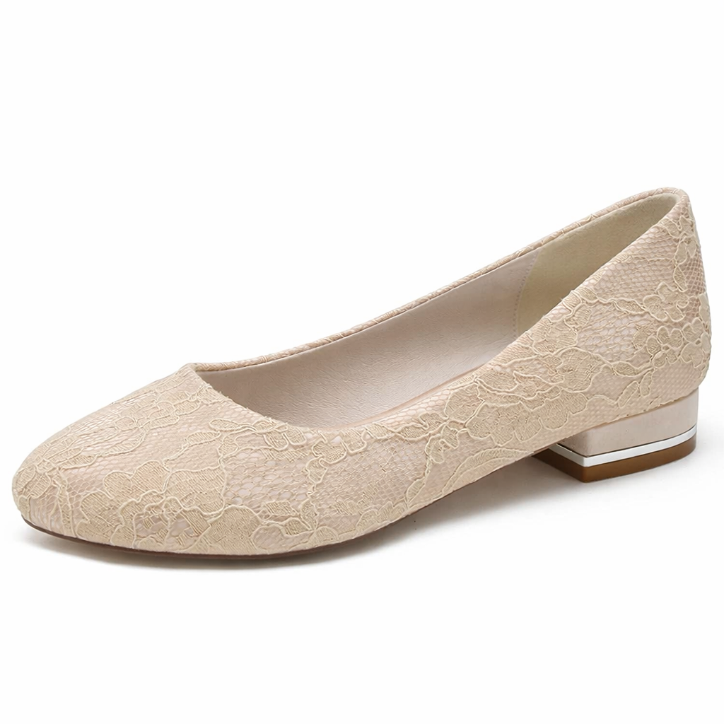 Ballerines de mariée blanches femme en dentelle, bout rond, petit talon