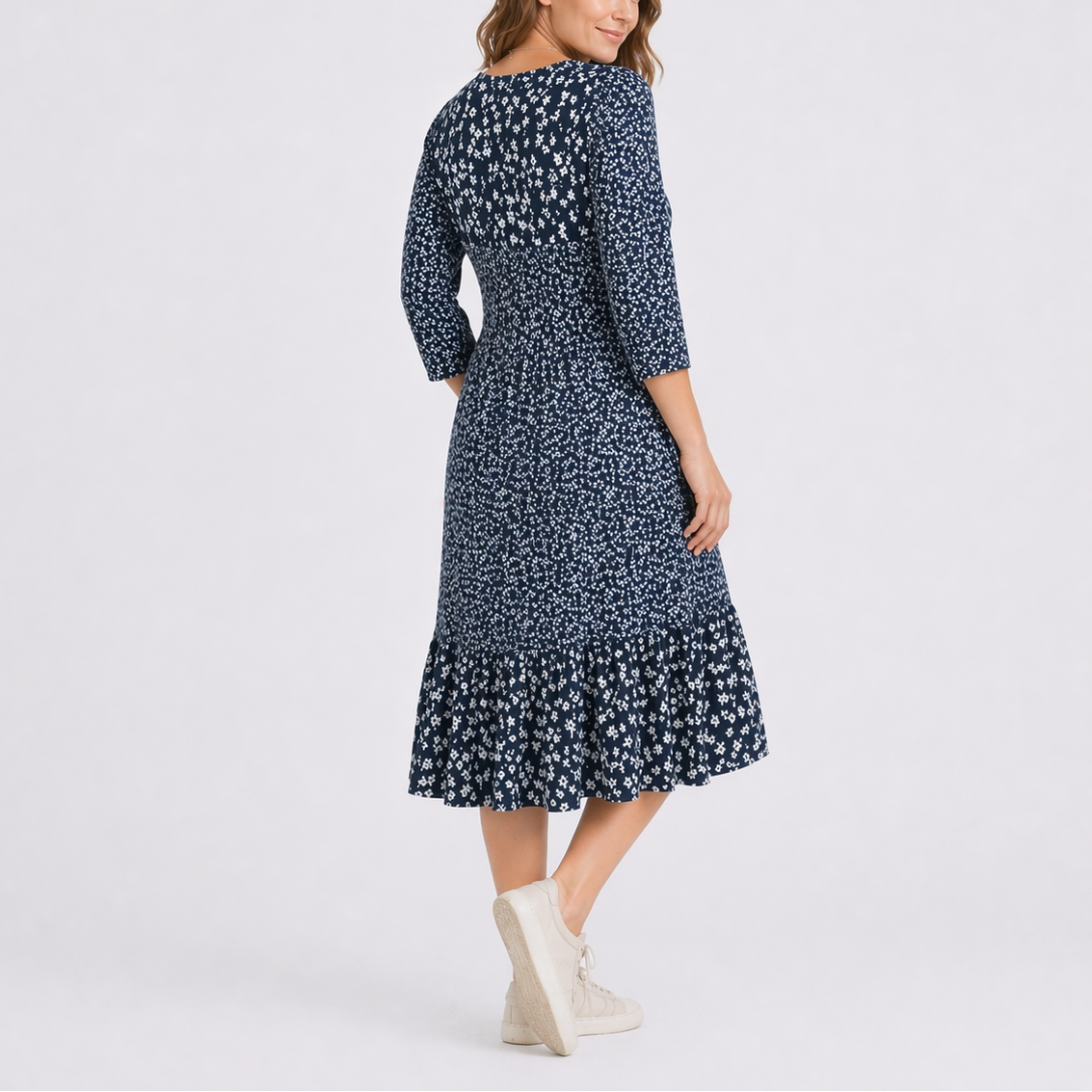 Robe midi femme à fleurs, col V, taille smockée