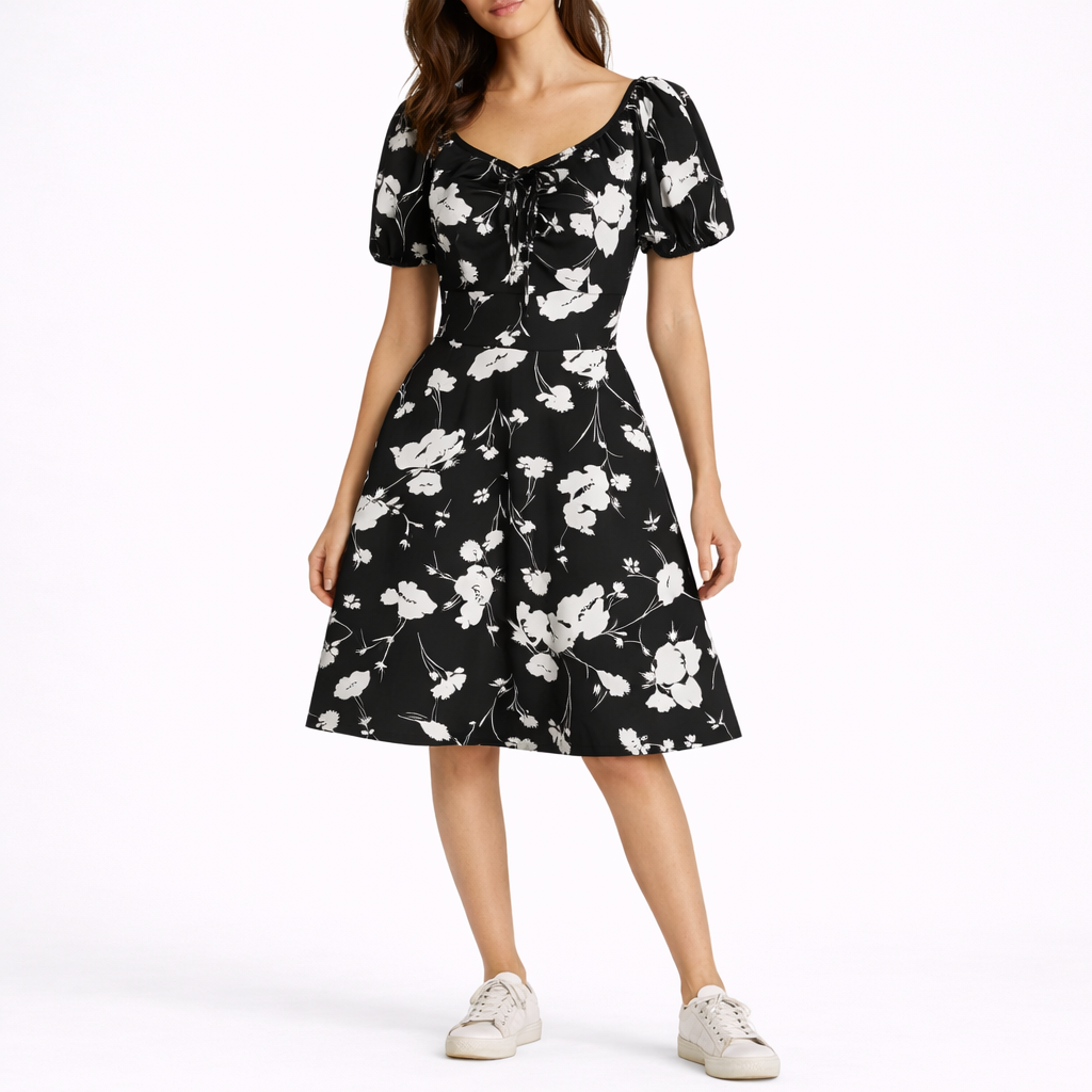 Robe midi femme à fleurs, manches courtes