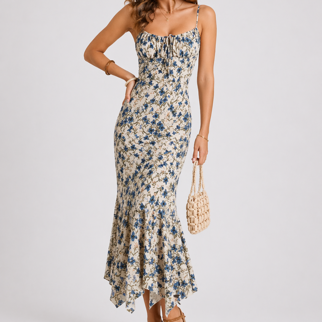 Robe midi d’été femme à fleurs, bretelles fines
