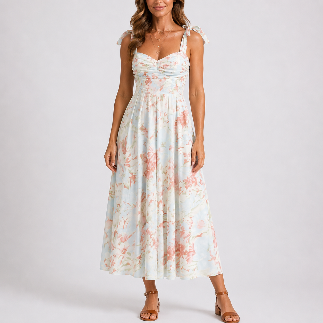 Robe midi pastel femme à fleurs, bretelles à nouer, buste froncé