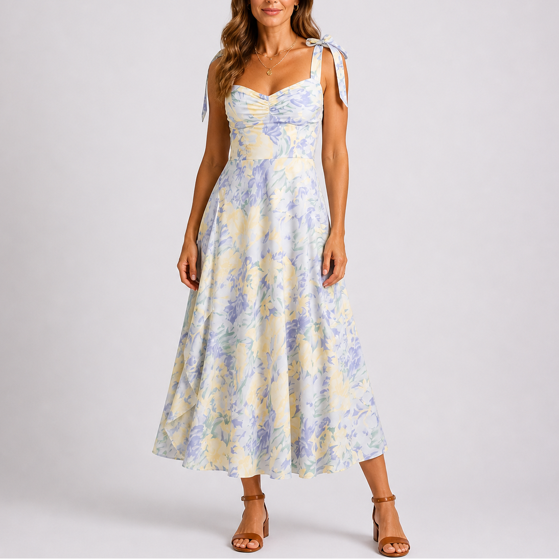 Robe midi pastel femme à fleurs, bretelles à nouer, buste froncé