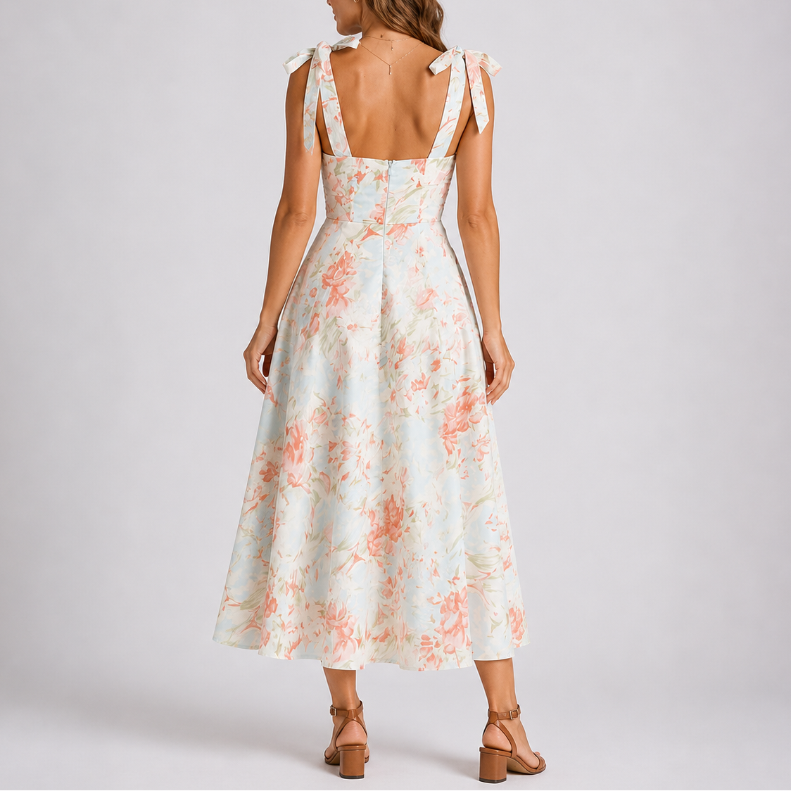 Robe midi pastel femme à fleurs, bretelles à nouer, buste froncé