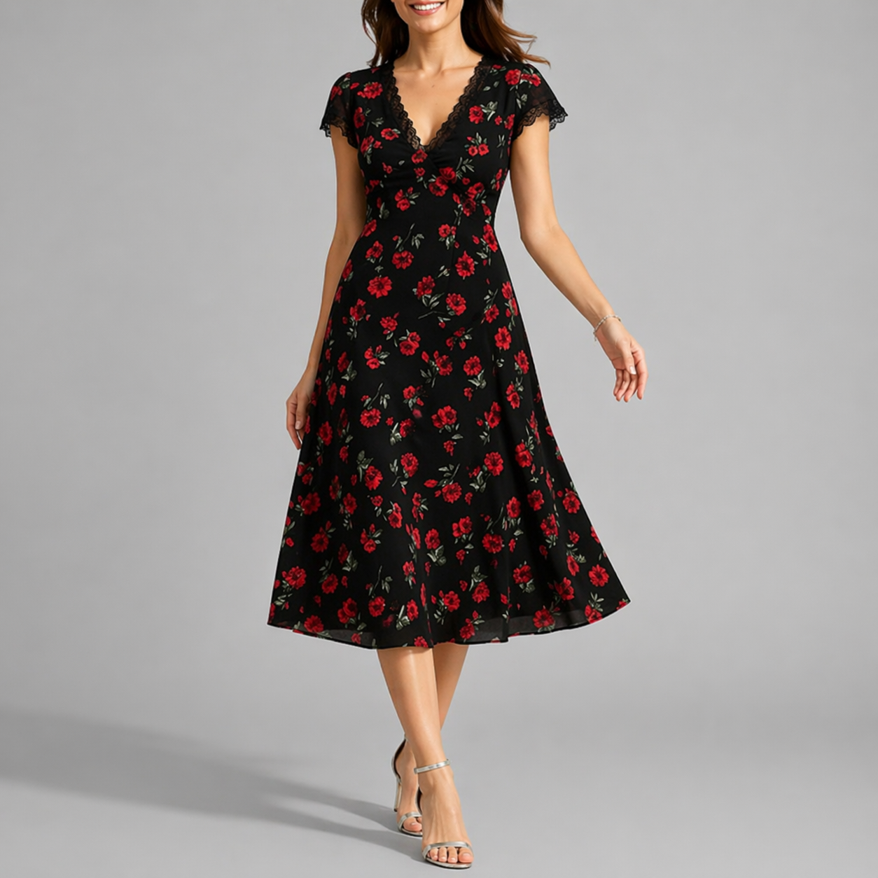 Robe midi noire femme à fleurs, col V