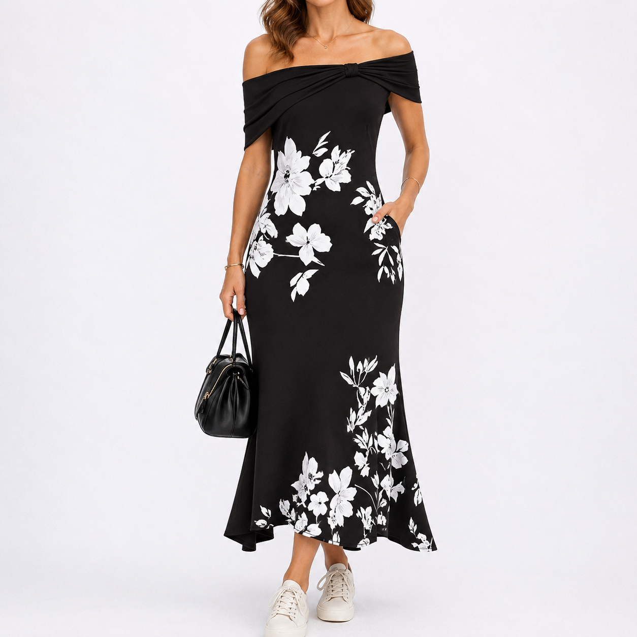Robe longue d’été femme à fleurs, épaules dénudées